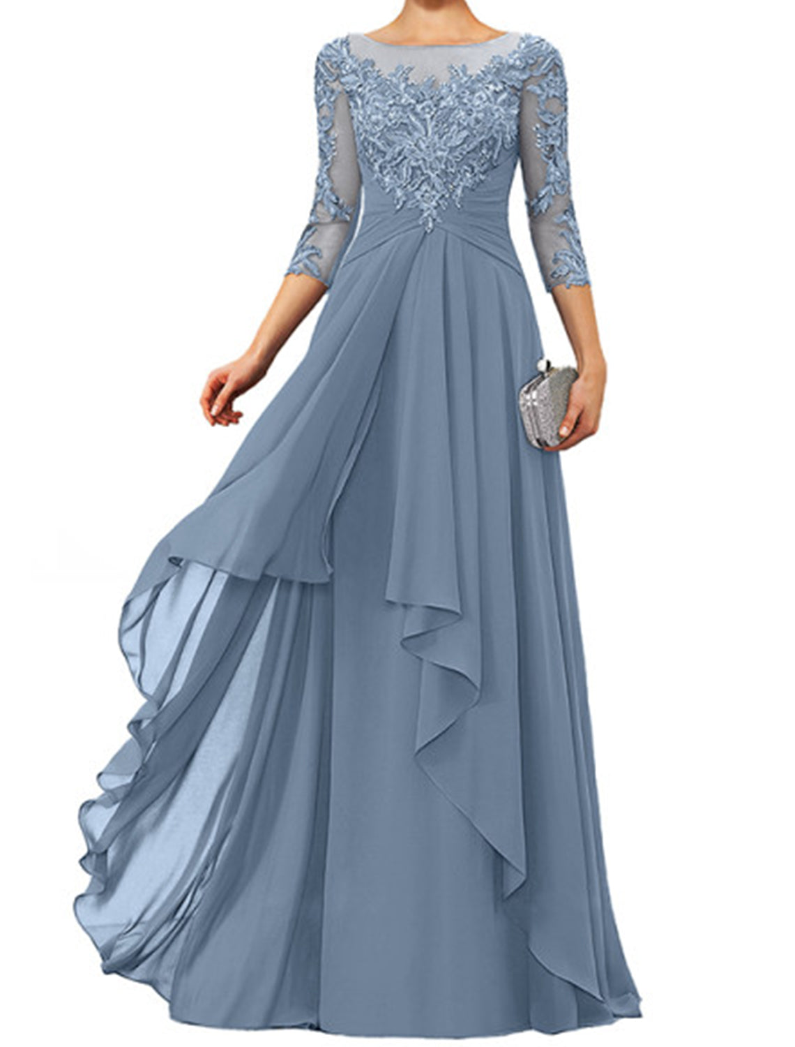 Dark Navy Chiffon A-Line Floor-Length Evening Dress - Illusion Neck Lace Appliques