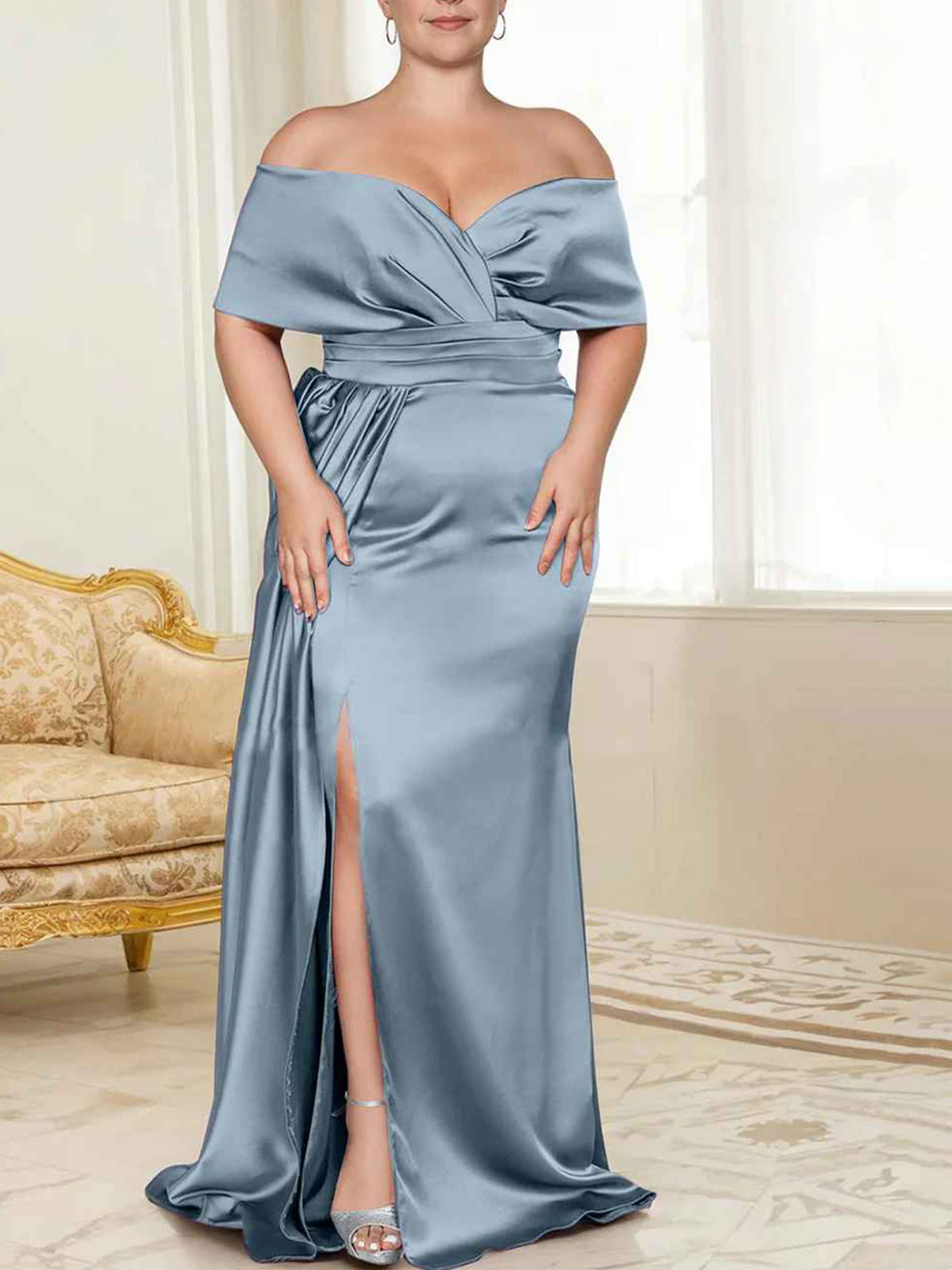 Purple Satin Sheath/column Off-the-Shoulder Floor-Length Evening Dress