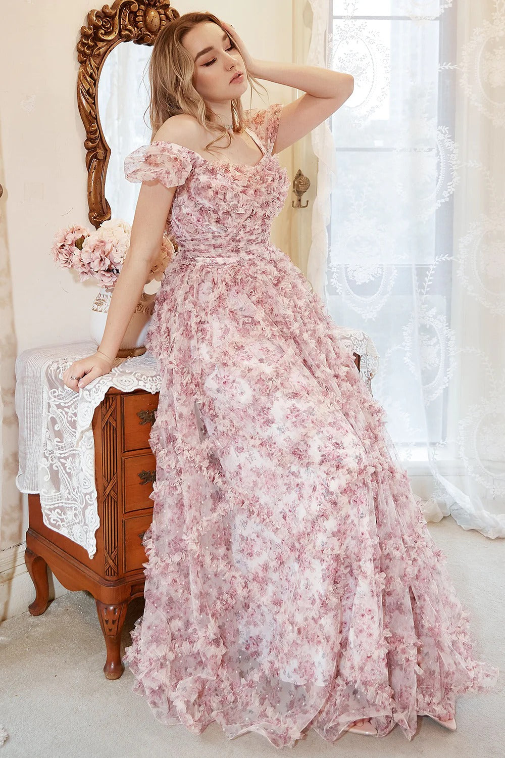 Dusty Pink 3D Floral Square Neck Puff Sleeve Tulle Maxi Dress – Romantic Garden Gown