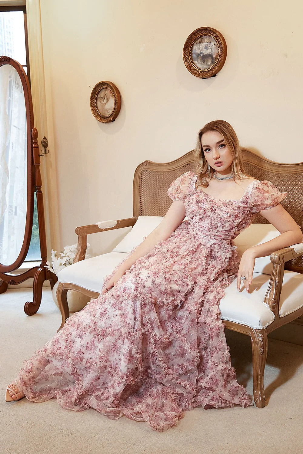Dusty Pink 3D Floral Square Neck Puff Sleeve Tulle Maxi Dress – Romantic Garden Gown