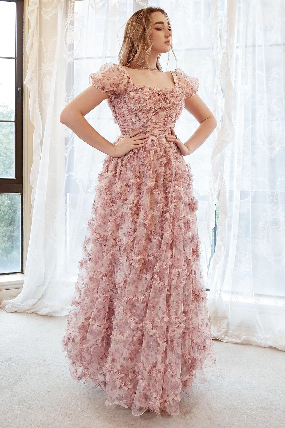 Dusty Pink 3D Floral Square Neck Puff Sleeve Tulle Maxi Dress – Romantic Garden Gown