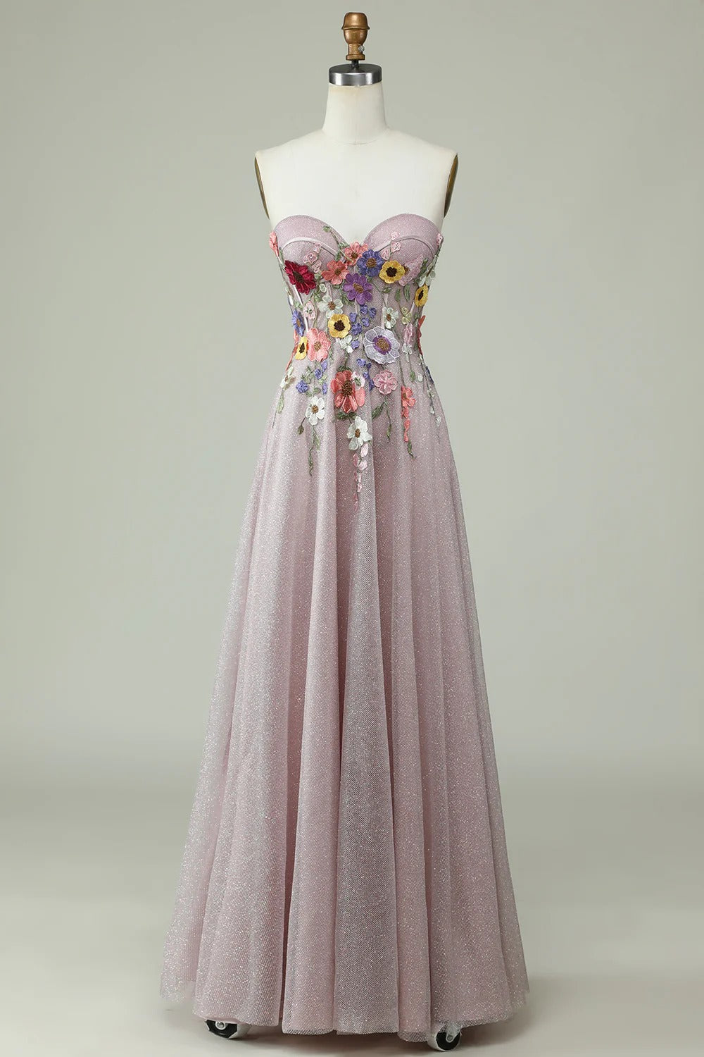 Dusty Pink Floral Embroidered Glitter Tulle Gown – Strapless Sweetheart Prom Dress with A-Line Skirt