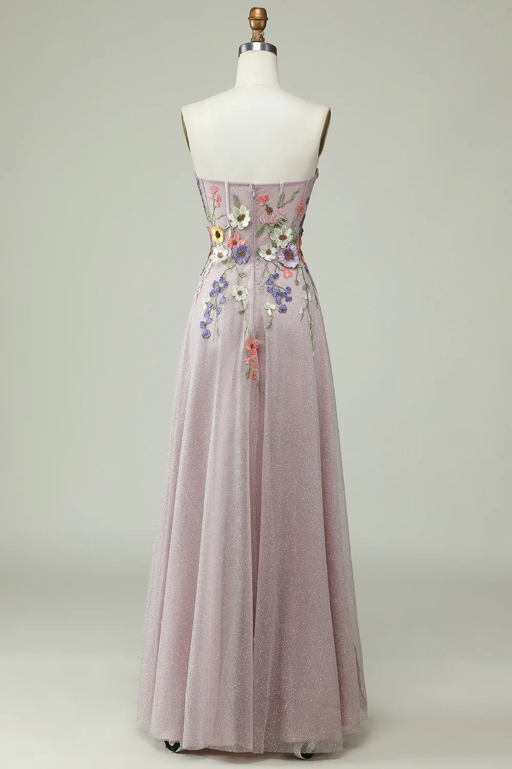 Dusty Pink Floral Embroidered Glitter Tulle Gown – Strapless Sweetheart Prom Dress with A-Line Skirt