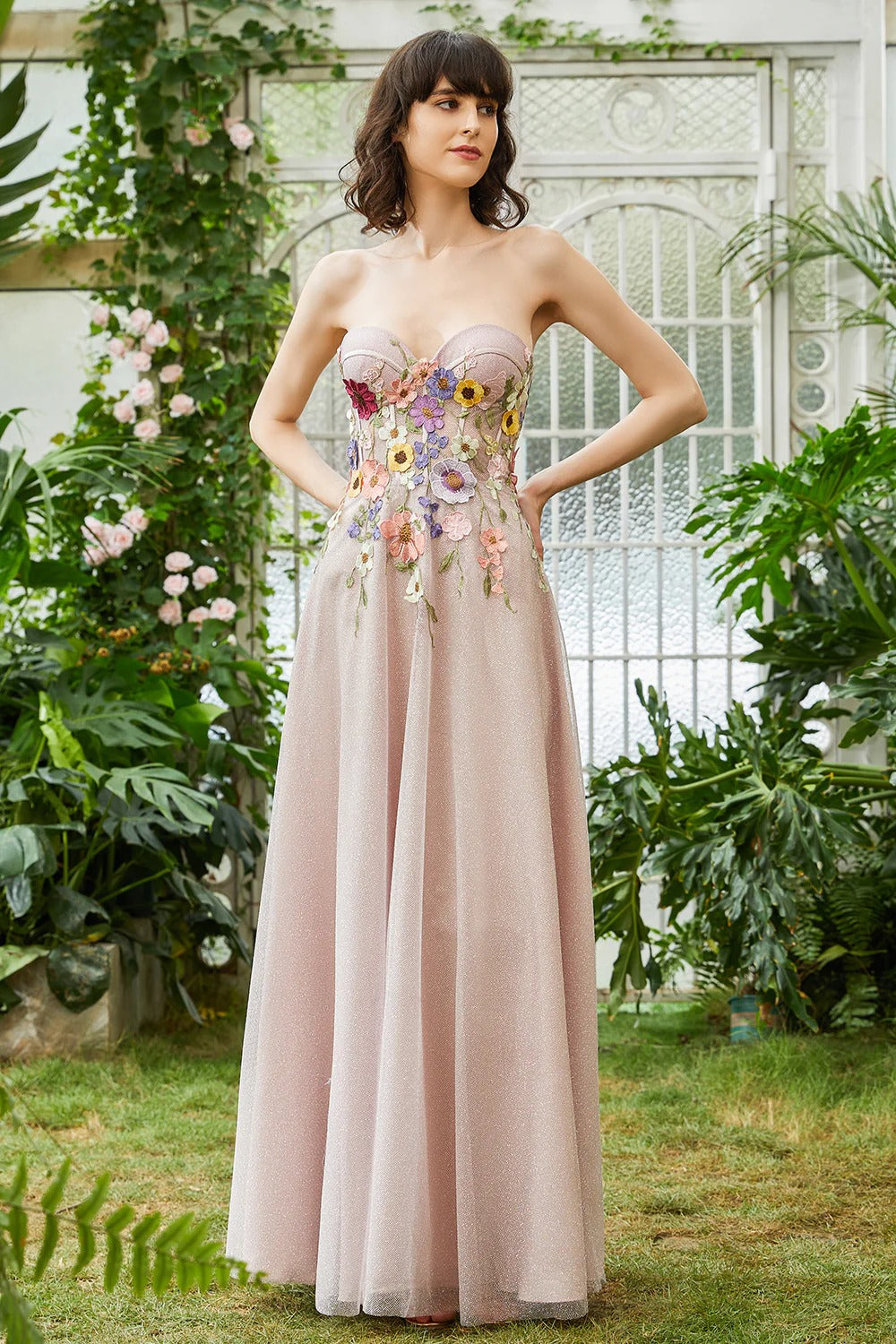 Dusty Pink Floral Embroidered Glitter Tulle Gown – Strapless Sweetheart Prom Dress with A-Line Skirt