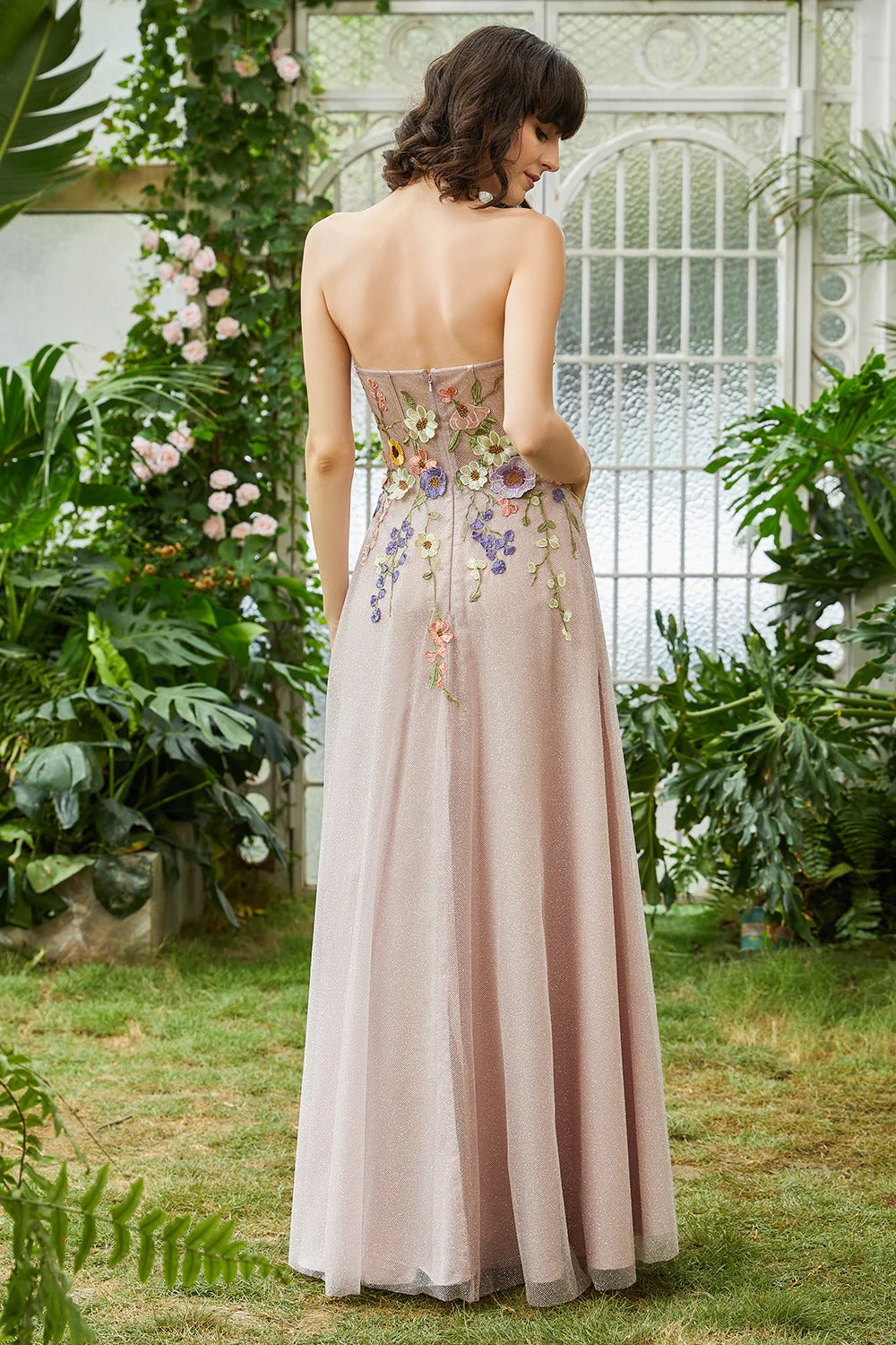 Dusty Pink Floral Embroidered Glitter Tulle Gown – Strapless Sweetheart Prom Dress with A-Line Skirt