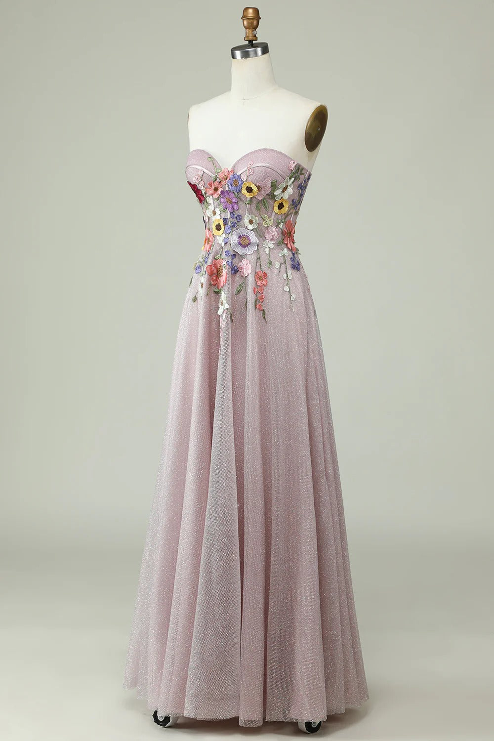 Dusty Pink Floral Embroidered Glitter Tulle Gown – Strapless Sweetheart Prom Dress with A-Line Skirt