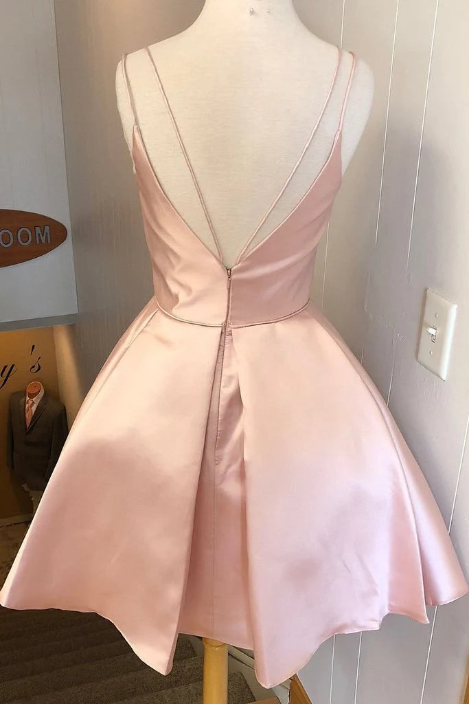 Dusty Pink Gloss Satin Thin Spaghetti Strap Deep V Open Back Pleated A-Line Mini Homecoming Dresses