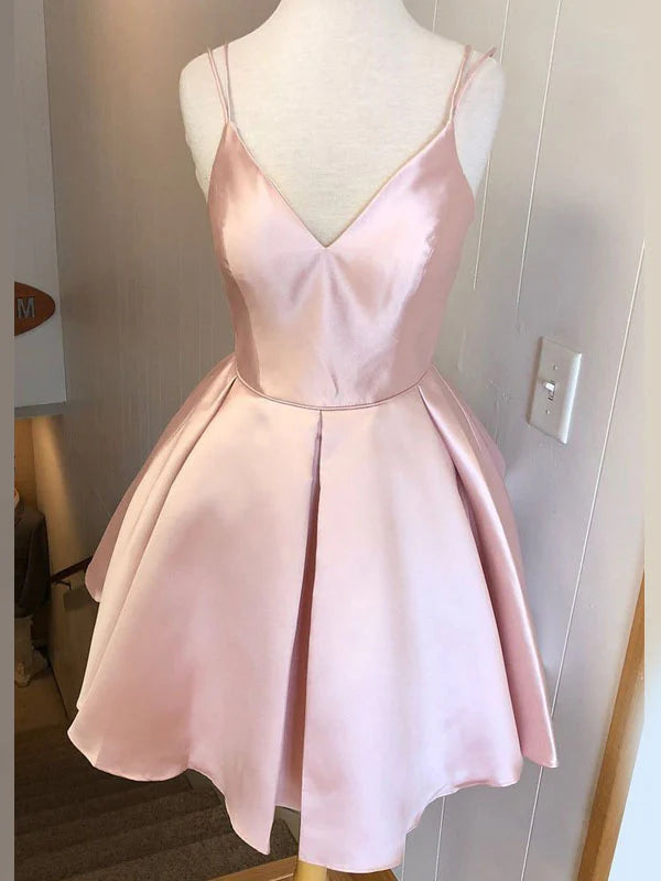 Dusty Pink Gloss Satin Thin Spaghetti Strap Deep V Open Back Pleated A-Line Mini Homecoming Dresses