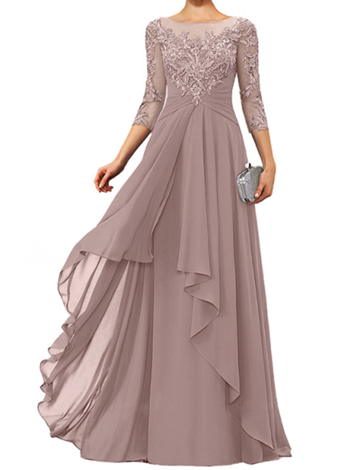 Dark Navy Chiffon A-Line Floor-Length Evening Dress - Illusion Neck Lace Appliques