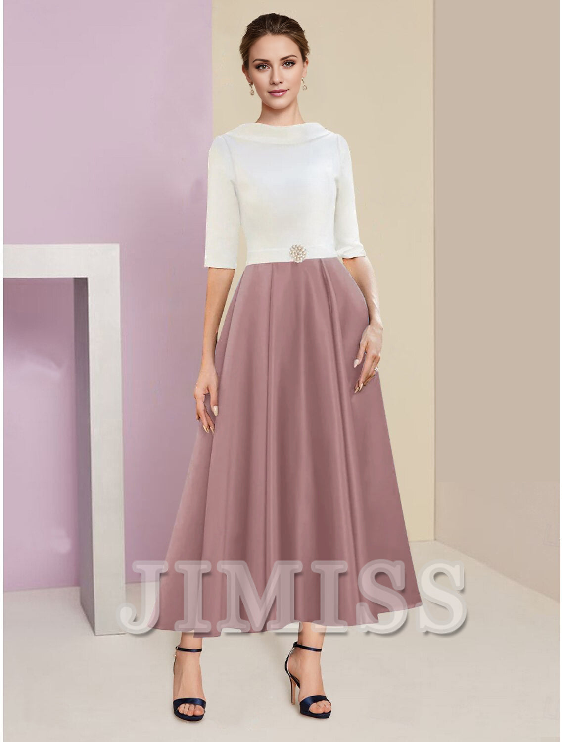 A-Line Mother of the Bride Dress Wedding Guest Elegant Vintage Jewelry Collar Tea Length Charmeuse Satin Half Sleeves with Ruffles Crystals