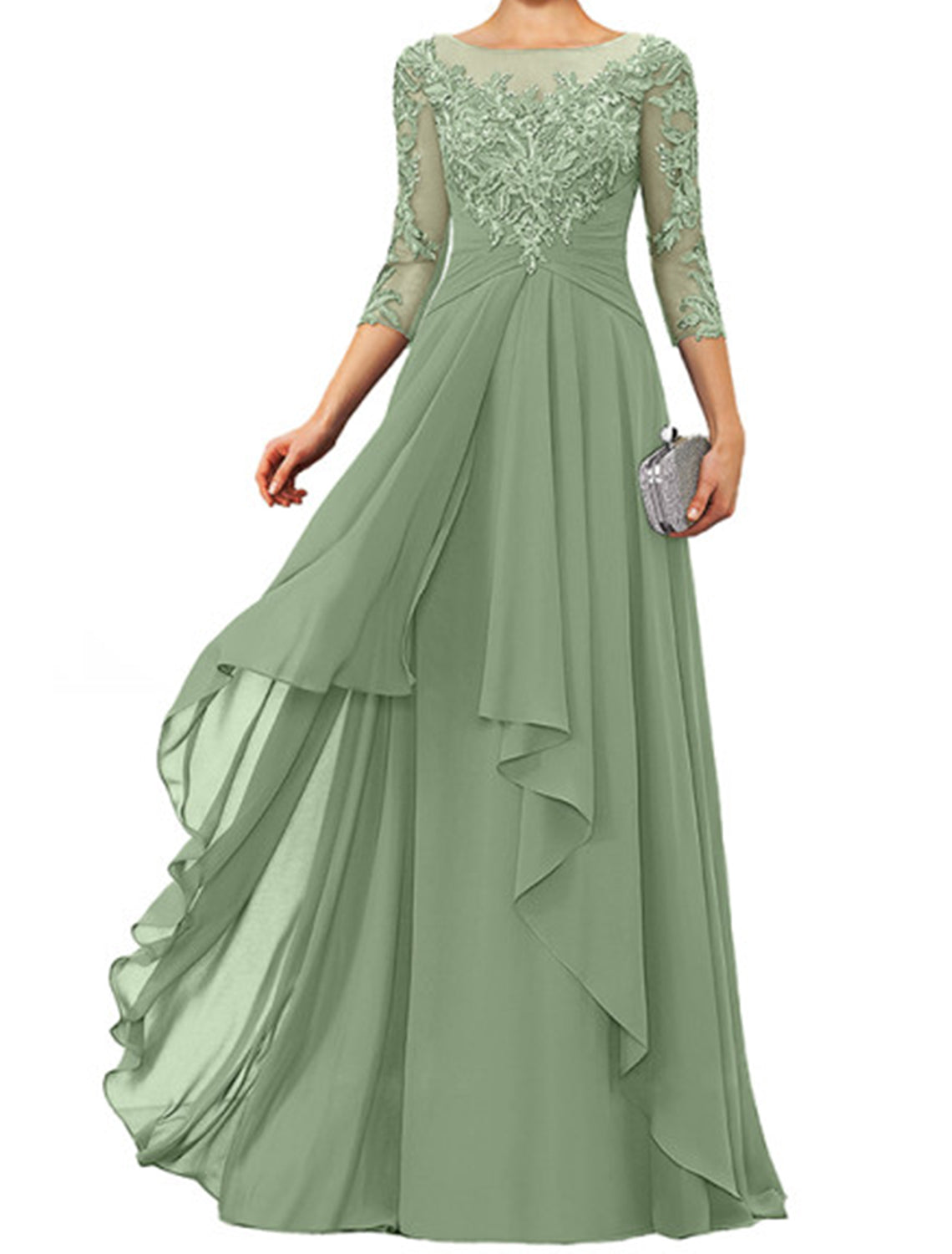 Dark Navy Chiffon A-Line Floor-Length Evening Dress - Illusion Neck Lace Appliques