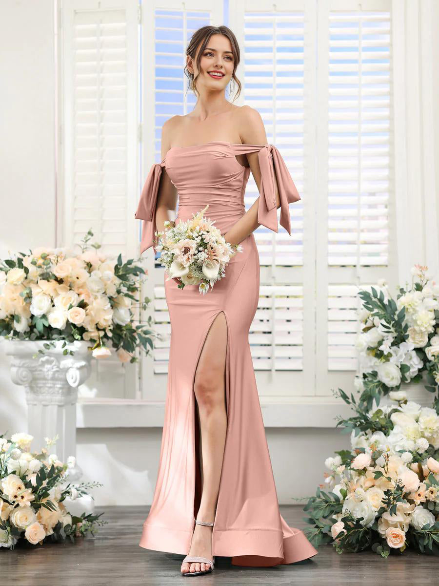 Forest Green Satin Off-the-Shoulder Sheath Bridesmaid Dress with High Slit