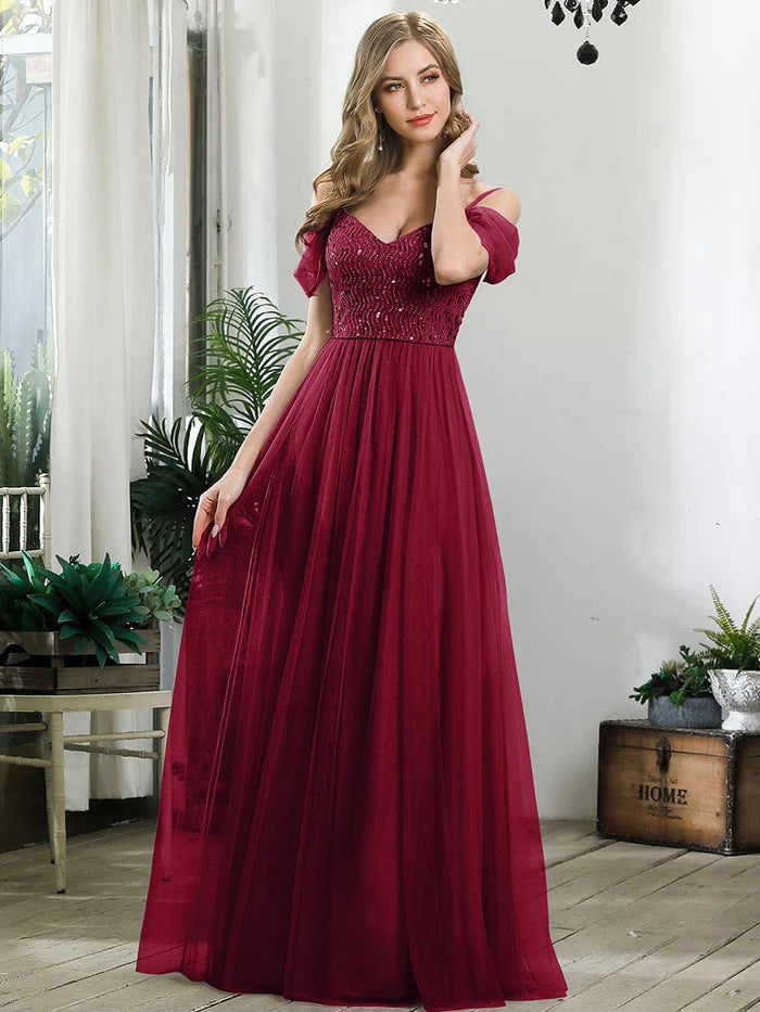 Blushing Pink Chiffon A-Line Floor-Length Dress with Sweetheart Neckline, Lace Bodice & Off-the-Shoulder Sleeves