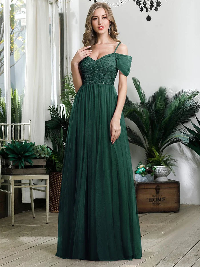 Blushing Pink Chiffon A-Line Floor-Length Dress with Sweetheart Neckline, Lace Bodice & Off-the-Shoulder Sleeves