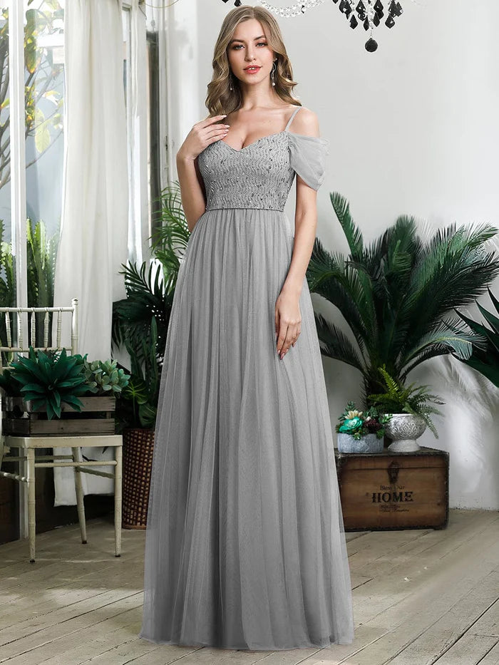 Blushing Pink Chiffon A-Line Floor-Length Dress with Sweetheart Neckline, Lace Bodice & Off-the-Shoulder Sleeves