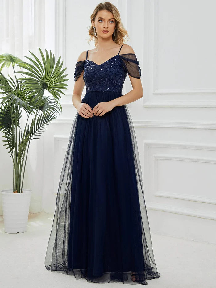 Blushing Pink Chiffon A-Line Floor-Length Dress with Sweetheart Neckline, Lace Bodice & Off-the-Shoulder Sleeves