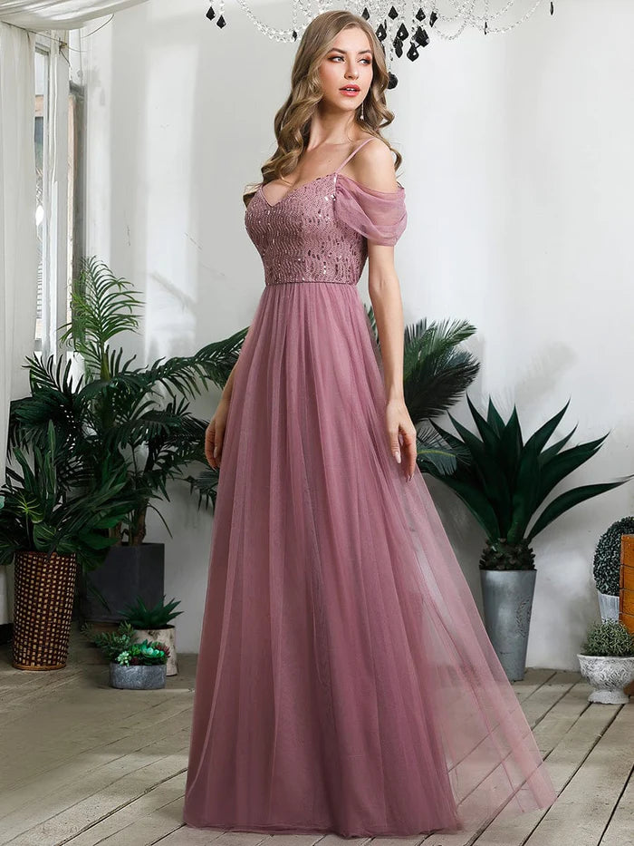 Blushing Pink Chiffon A-Line Floor-Length Dress with Sweetheart Neckline, Lace Bodice & Off-the-Shoulder Sleeves