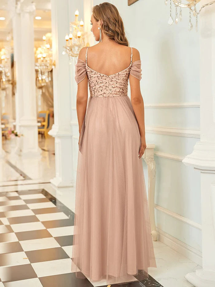Blushing Pink Chiffon A-Line Floor-Length Dress with Sweetheart Neckline, Lace Bodice & Off-the-Shoulder Sleeves