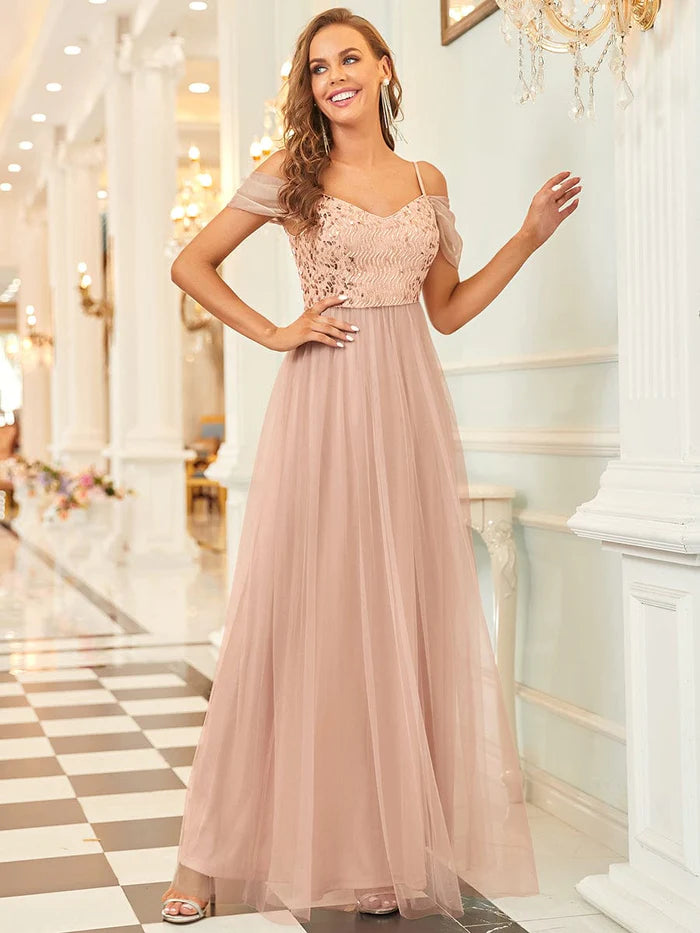 Blushing Pink Chiffon A-Line Floor-Length Dress with Sweetheart Neckline, Lace Bodice & Off-the-Shoulder Sleeves