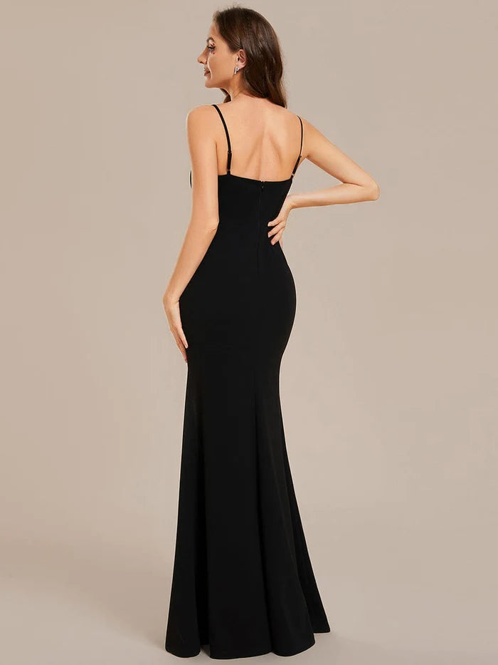 Black Crepe Floor-Length Sheath/column Evening Dress with Glitter Trim High Slit