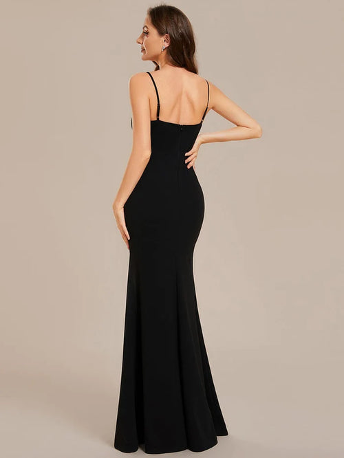 Black Crepe Floor-Length Sheath/column Evening Dress with Glitter Trim High Slit