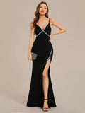 Black Crepe Floor-Length Sheath/column Evening Dress with Glitter Trim High Slit