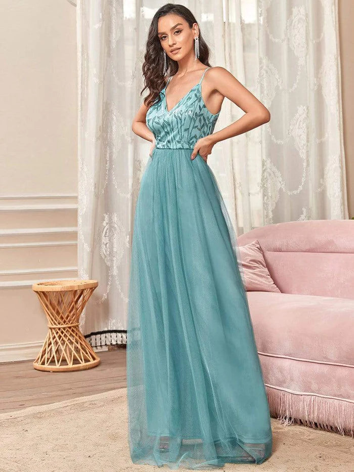 Dark Navy Sequin Tulle A-Line V-Neck Floor-Length Dress