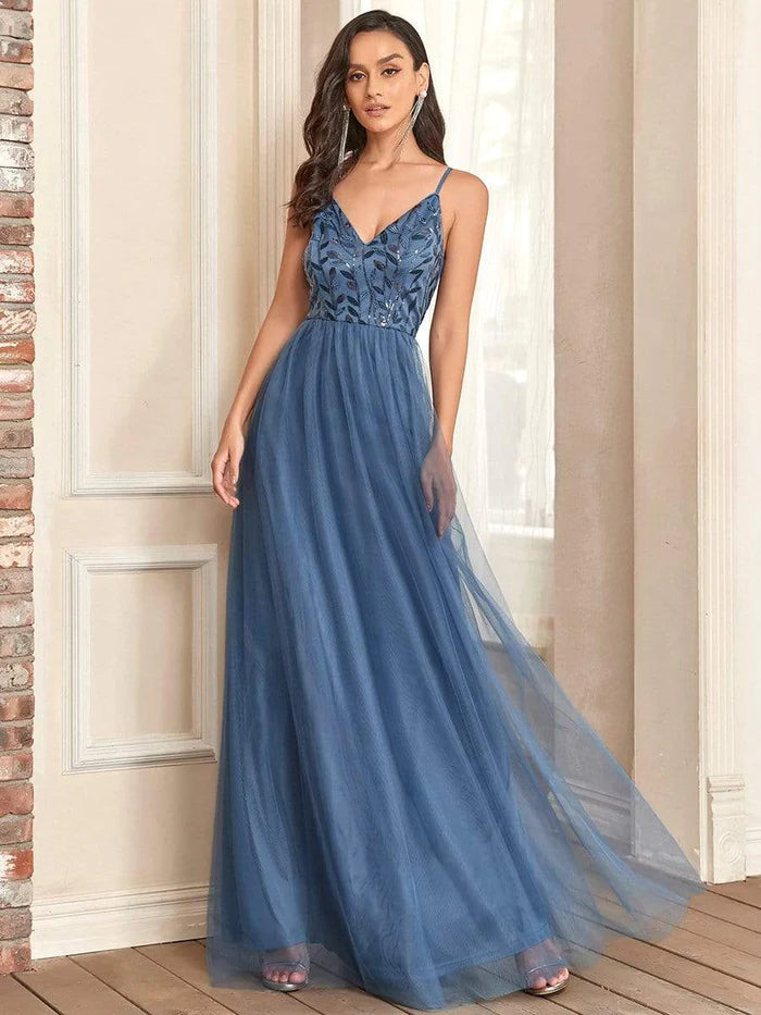 Dark Navy Sequin Tulle A-Line V-Neck Floor-Length Dress