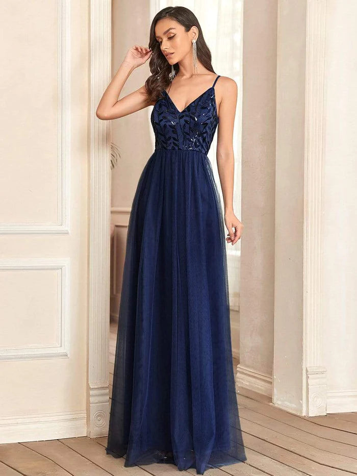 Dark Navy Sequin Tulle A-Line V-Neck Floor-Length Dress