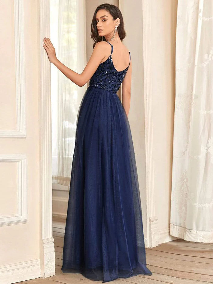 Dark Navy Sequin Tulle A-Line V-Neck Floor-Length Dress
