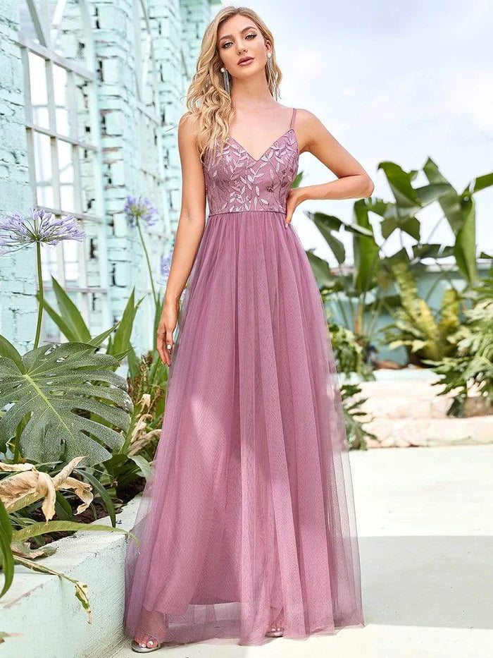 Dark Navy Sequin Tulle A-Line V-Neck Floor-Length Dress