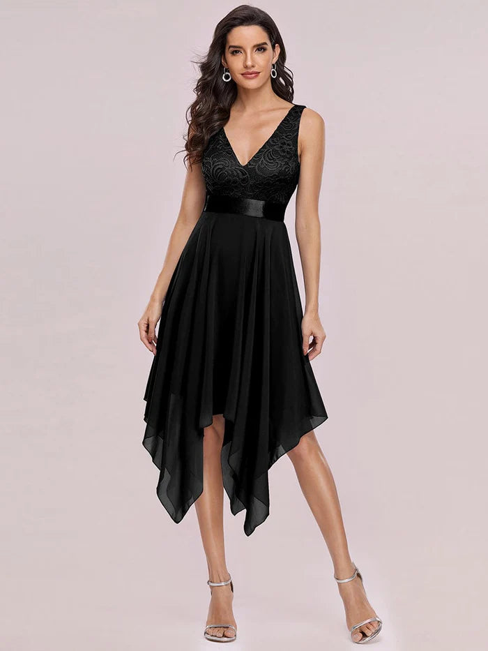 Blushing Pink Chiffon A-Line Asymmetrical Bridesmaid Dress with Lace V-Neck Bodice