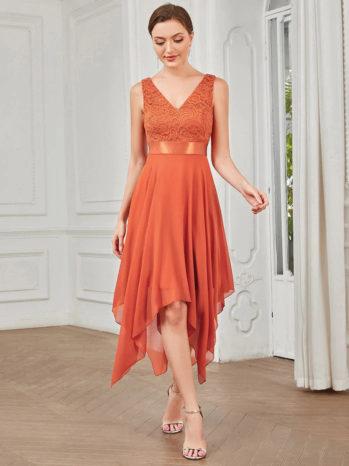Blushing Pink Chiffon A-Line Asymmetrical Bridesmaid Dress with Lace V-Neck Bodice