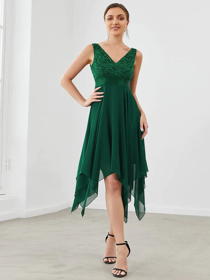 Blushing Pink Chiffon A-Line Asymmetrical Bridesmaid Dress with Lace V-Neck Bodice