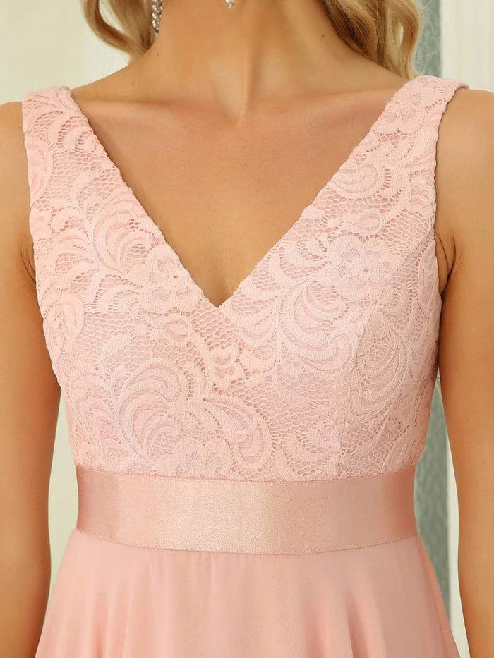 Blushing Pink Chiffon A-Line Asymmetrical Bridesmaid Dress with Lace V-Neck Bodice