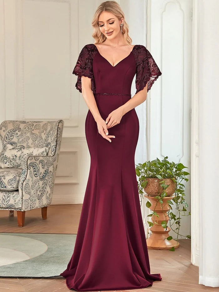Black Satin Mermaid Floor-Length V-Neck Evening Dress with Embellished Lace Sleeves