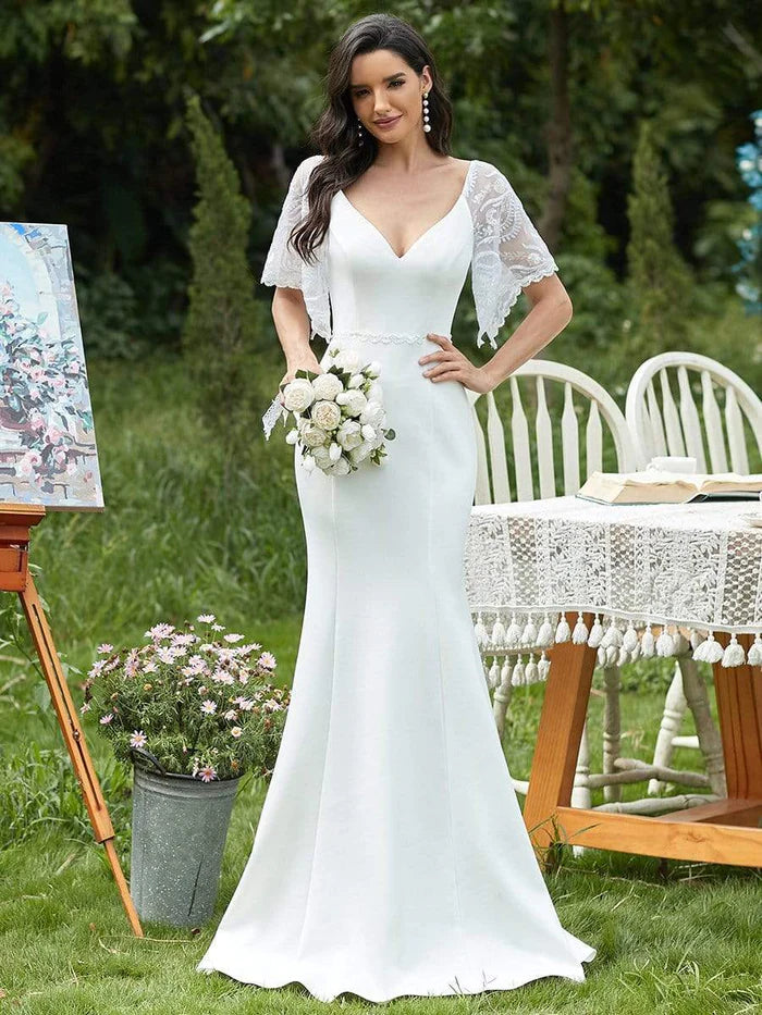 Black Satin Mermaid Floor-Length V-Neck Evening Dress with Embellished Lace Sleeves