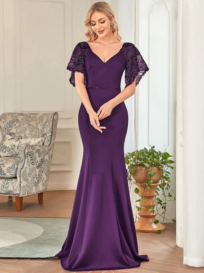 Black Satin Mermaid Floor-Length V-Neck Evening Dress with Embellished Lace Sleeves