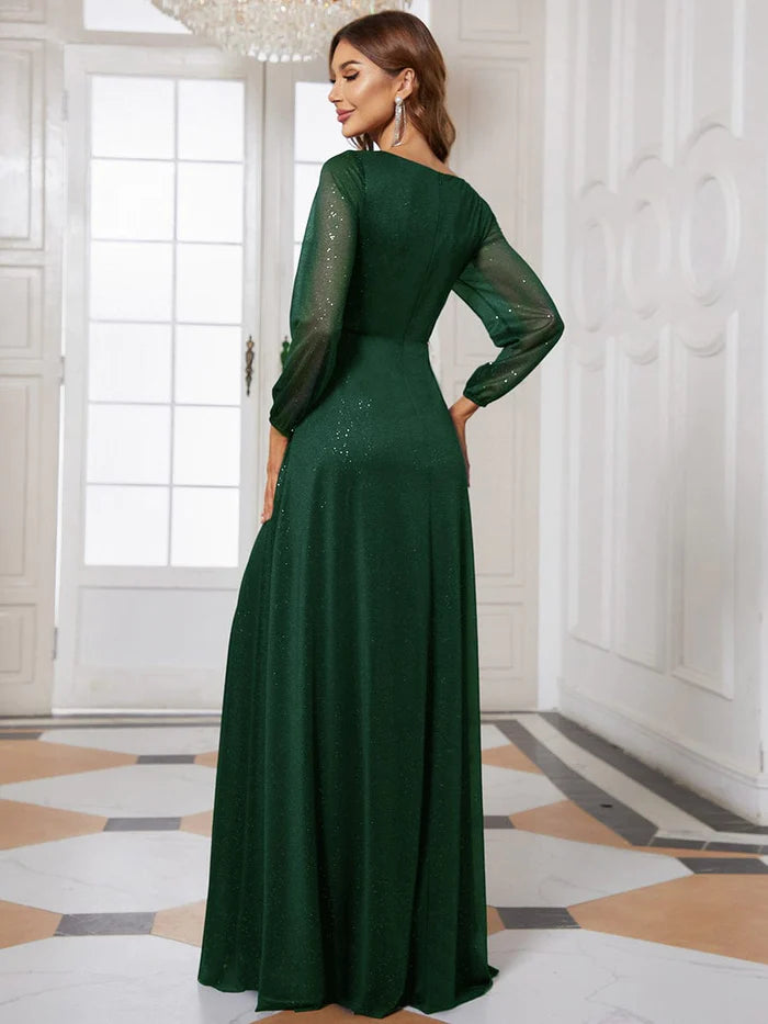 Forest Green Glitter A-Line Floor-Length Evening Dress with V-Neck & High Slit