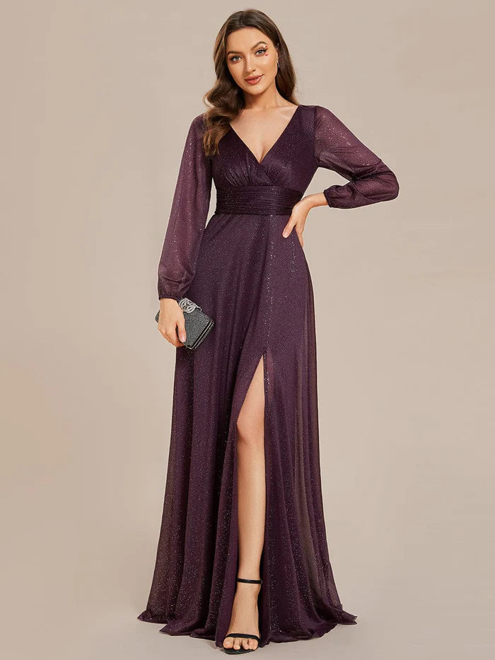 Forest Green Glitter A-Line Floor-Length Evening Dress with V-Neck & High Slit