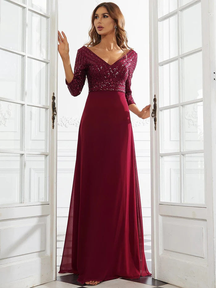 Dark Navy Sequin Chiffon A-Line Floor-Length Dress with V-Neck Bodice and 3/4 Sleeves