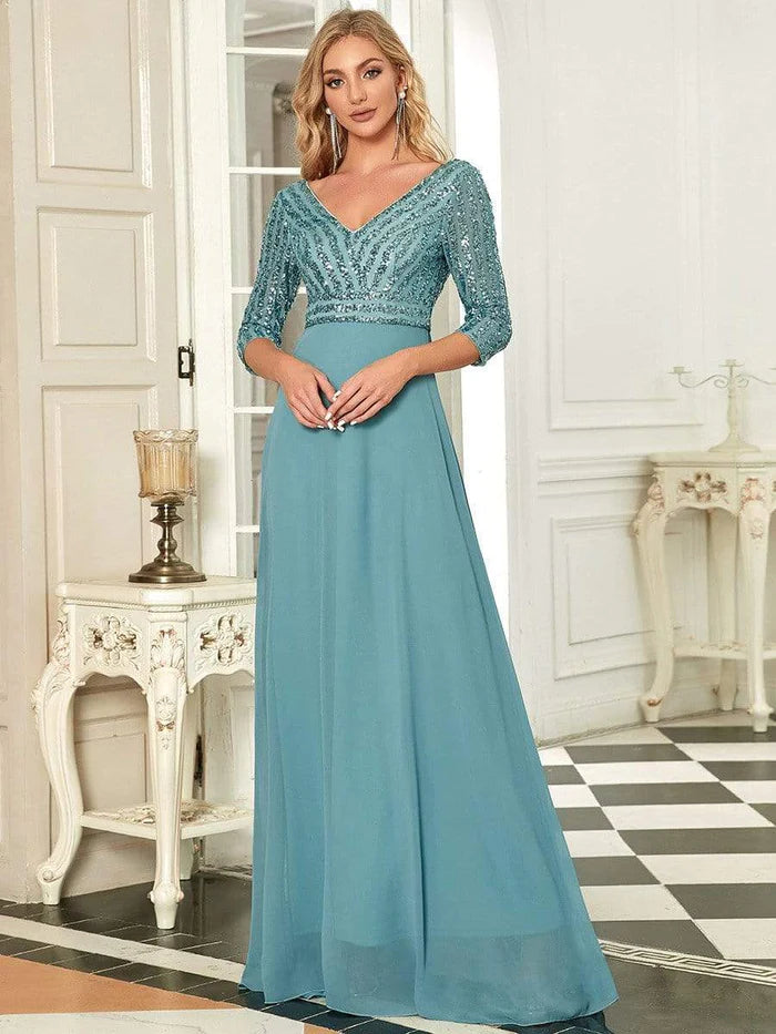 Dark Navy Sequin Chiffon A-Line Floor-Length Dress with V-Neck Bodice and 3/4 Sleeves
