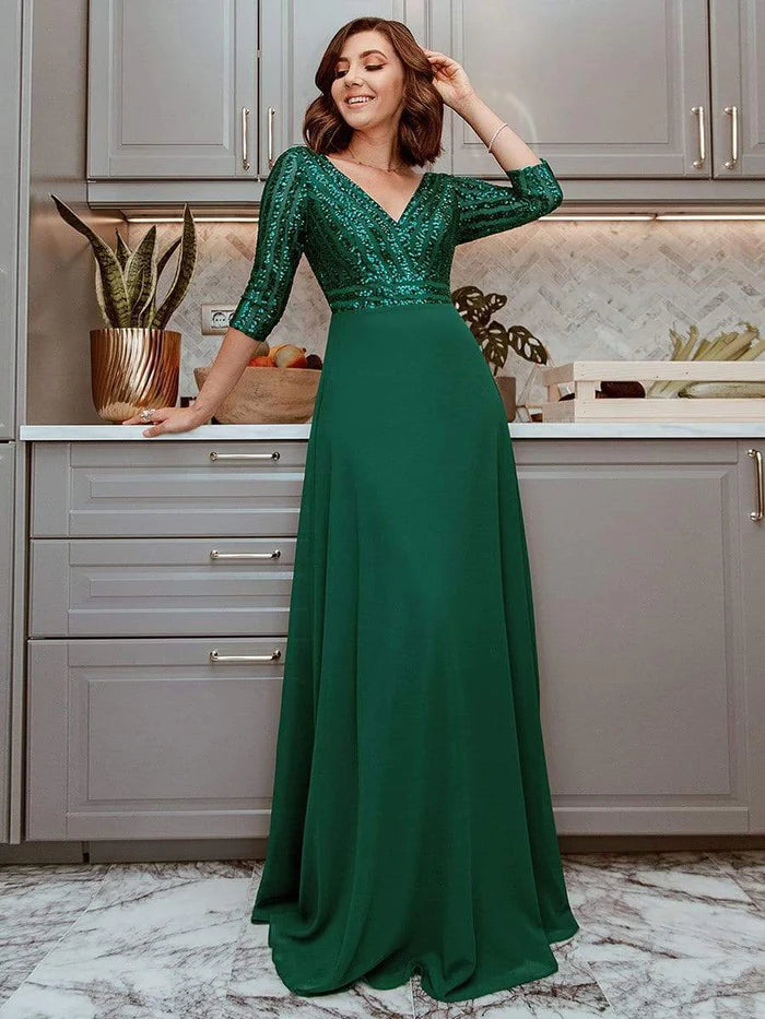 Dark Navy Sequin Chiffon A-Line Floor-Length Dress with V-Neck Bodice and 3/4 Sleeves