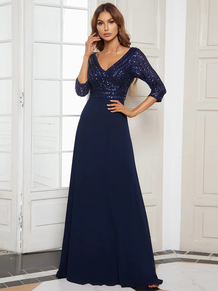 Dark Navy Sequin Chiffon A-Line Floor-Length Dress with V-Neck Bodice and 3/4 Sleeves