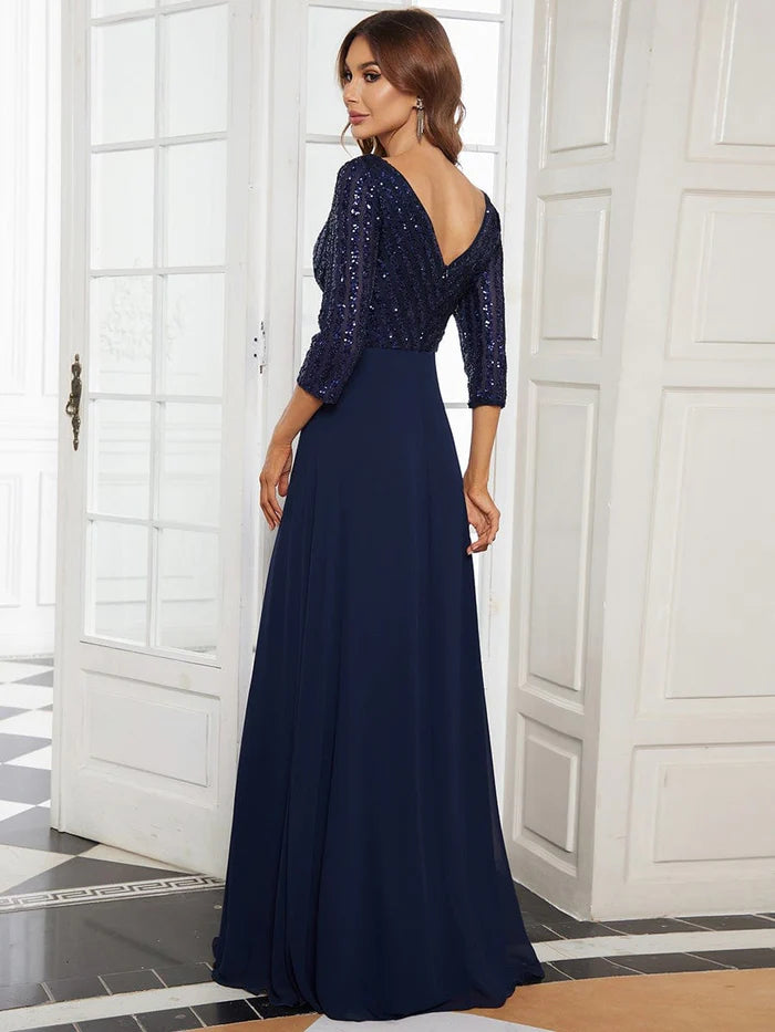 Dark Navy Sequin Chiffon A-Line Floor-Length Dress with V-Neck Bodice and 3/4 Sleeves