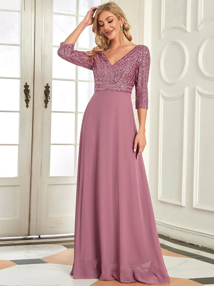 Dark Navy Sequin Chiffon A-Line Floor-Length Dress with V-Neck Bodice and 3/4 Sleeves