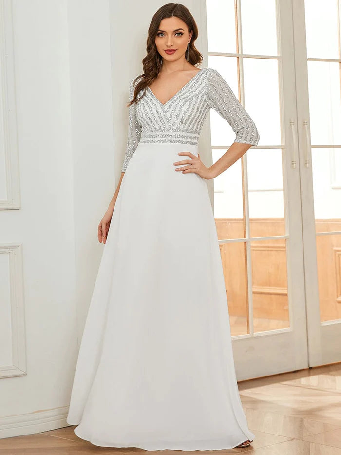 Dark Navy Sequin Chiffon A-Line Floor-Length Dress with V-Neck Bodice and 3/4 Sleeves