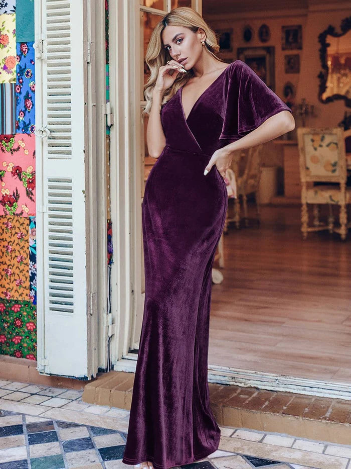 Elegante vestido de dama de honor de terciopelo con escote en V doble para mujer 