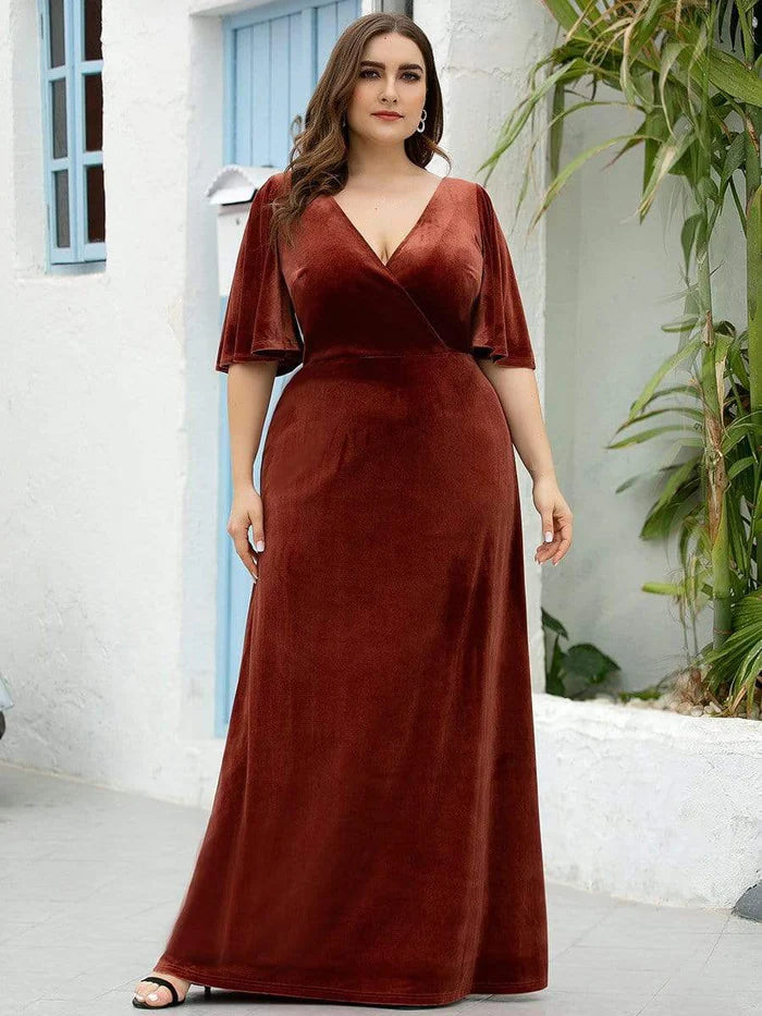 Rust Velvet Mermaid Floor-Length Plunging V Neck Dress with Wrap Bodice and High Slit