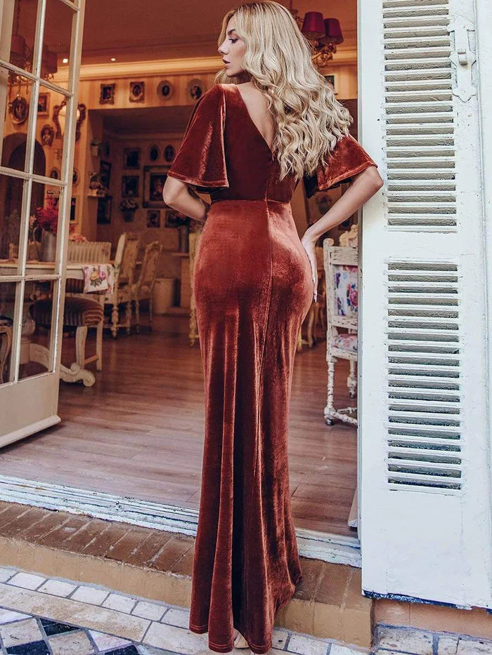 Rust Velvet Mermaid Floor-Length Plunging V Neck Dress with Wrap Bodice and High Slit